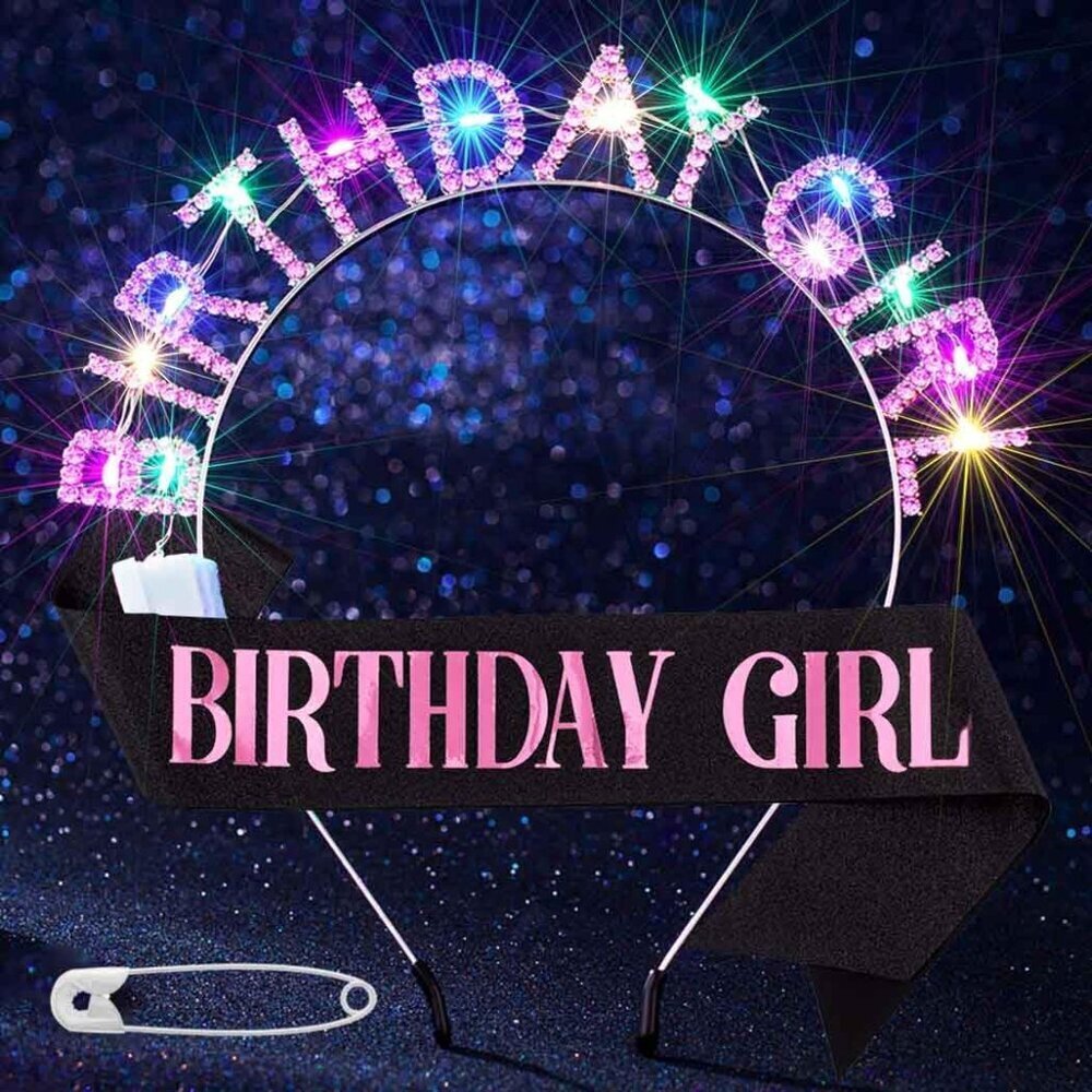 Light Up Birthday Headband Sash Set Women LED Rhinestone Crowns Gifts
